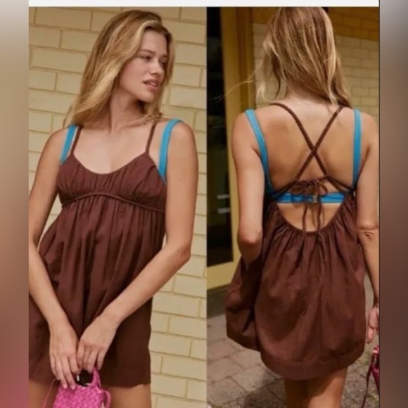 Free People brown Tell All Mini strappy babydoll style dress size small new - Picture 1 of 5